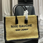 Saint Laurent Rive Gauche Tote Bag In Raffia And Leather Apricot